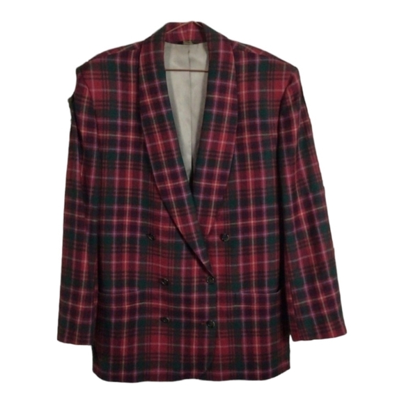 Vintage Jackets & Blazers - Vintage Double Breasted Red Plaid Wool Blazer